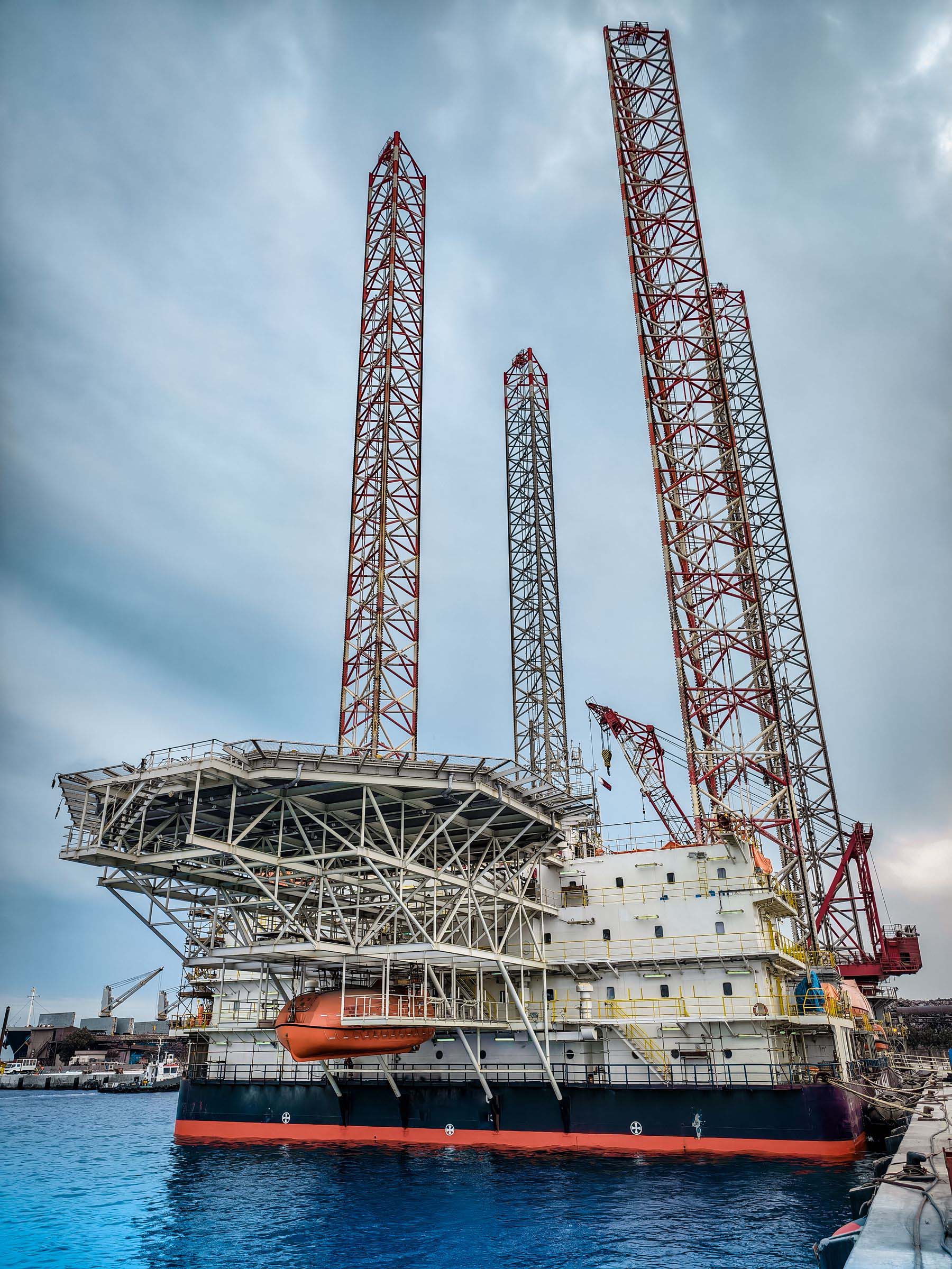 Large offshore drilling platform at an ocean dock